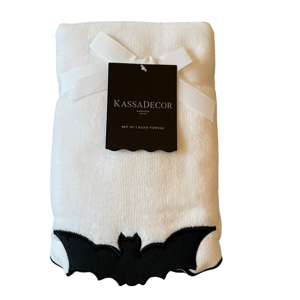 Kassadecor Halloween Bat Hand Towels 2pc Embroidered Cotton Spooky Chic Bath NEW
